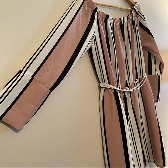 DEX Pink striped dress. Off the shoulder. Elastic waist with accent belt. - Picture 5 of 12